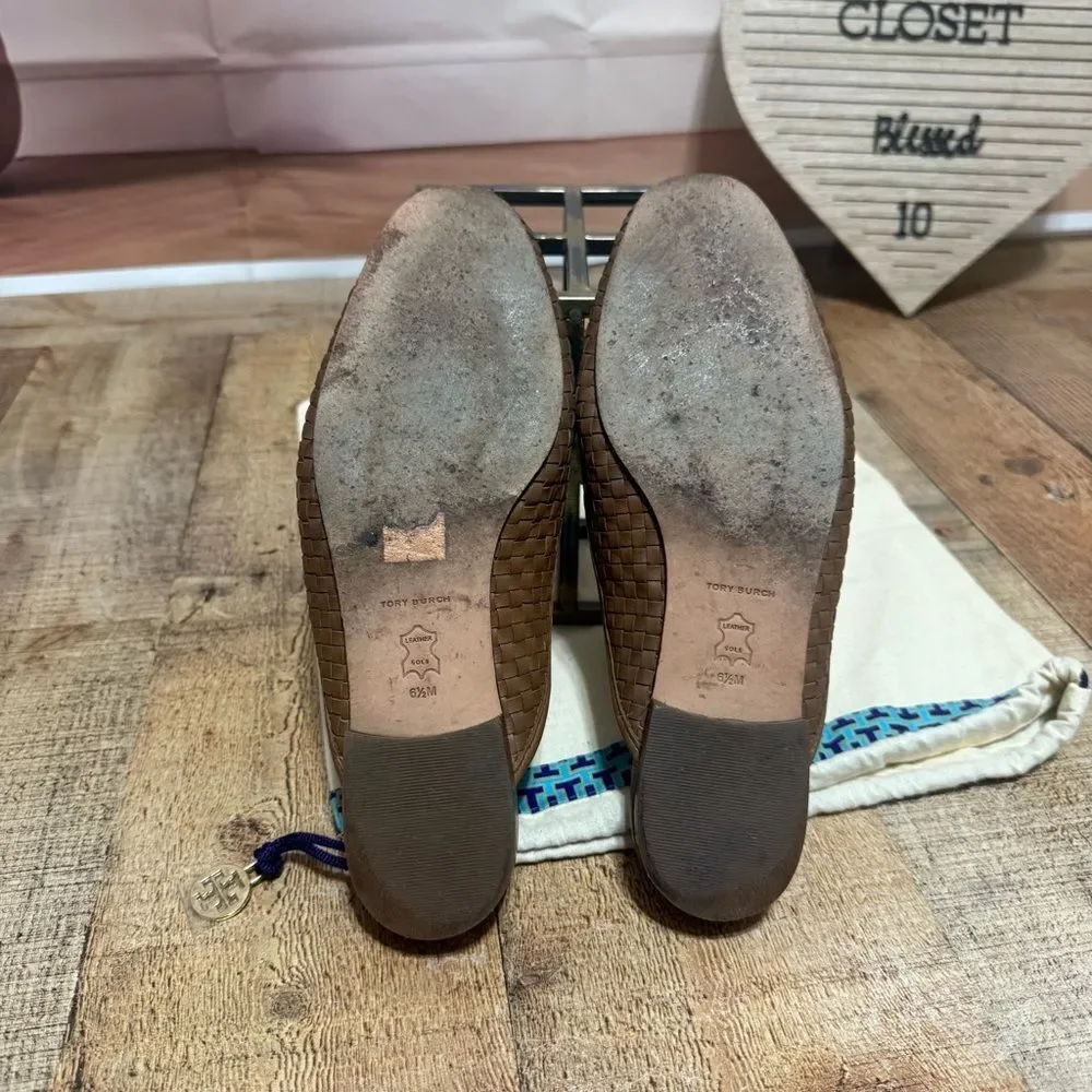 TORY BURCH MINI BENTON WOVEN LEATHER LOAFER IN MOOSE SLIDES MULES SIZE 6.5